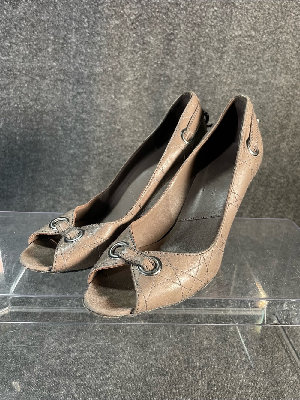 Christian Dior Peep Toe Heels Size 36 1/2 Bronze Crackle Leather D Charm Pumps